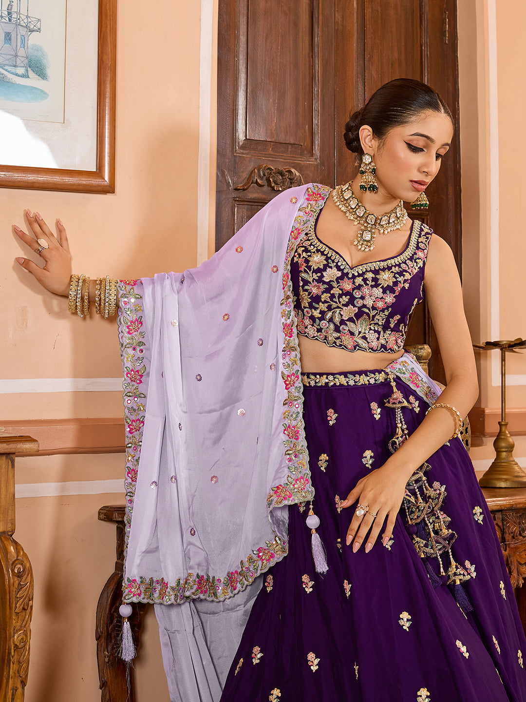 PURPLE - Georgette Fabric Sequins embroidery Semi-Stitched Lehenga & Unstitched Blouse With Dupatta