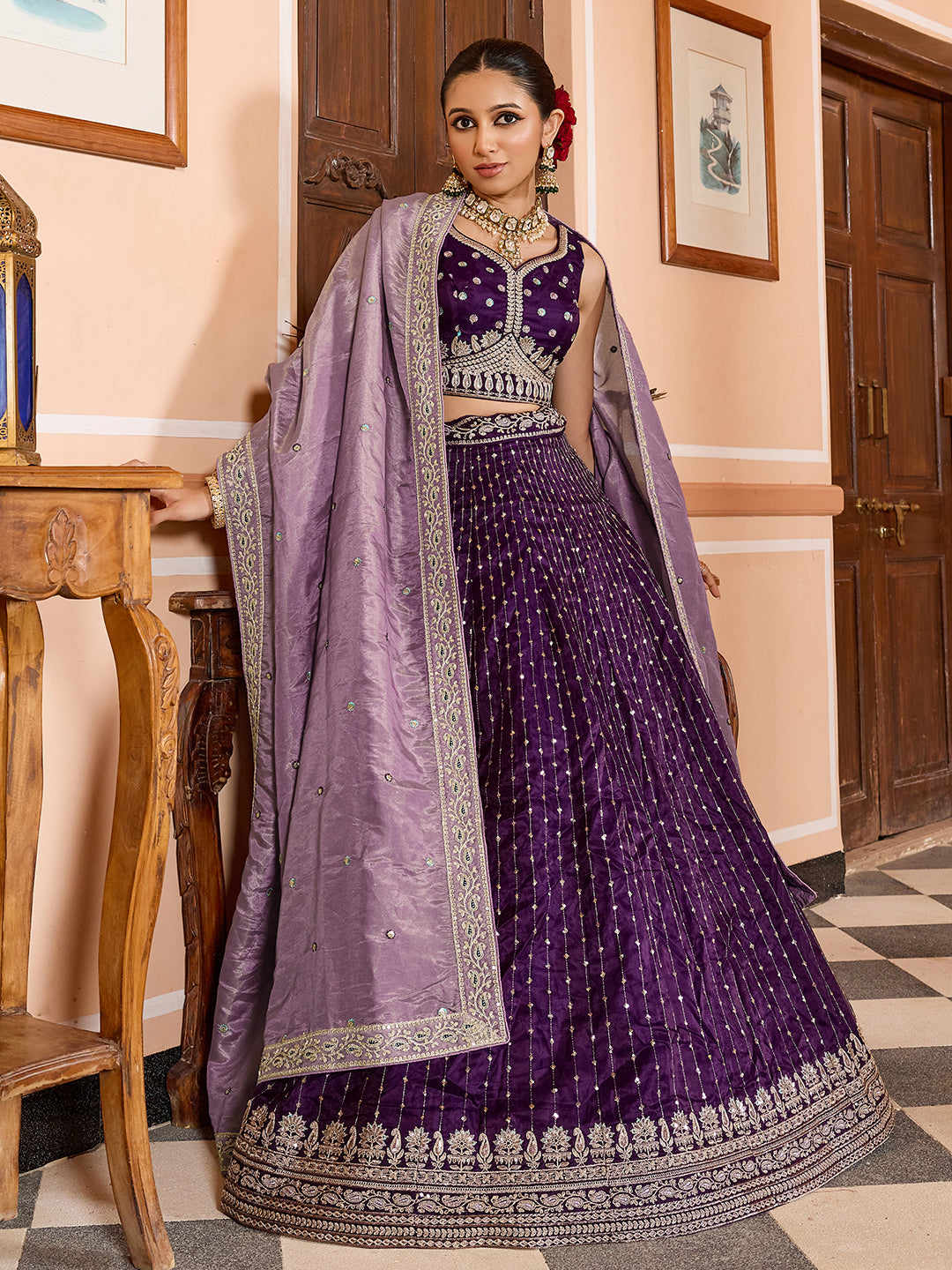 PURPLE - Tissue Silk Fabric Sequins embroidery Semi-Stitched Lehenga & Unstitched Blouse With Dupatta