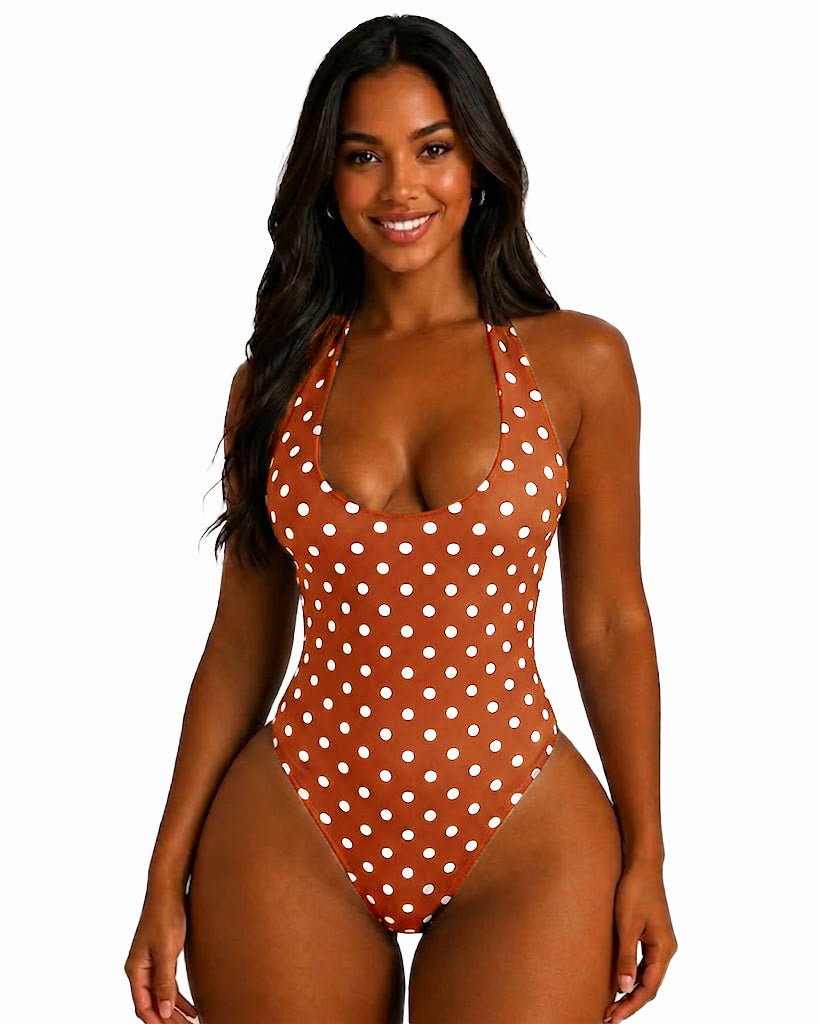 Polka Dot Halter Tie One Piece Swimsuit High Cut Hourglass Bodysuit