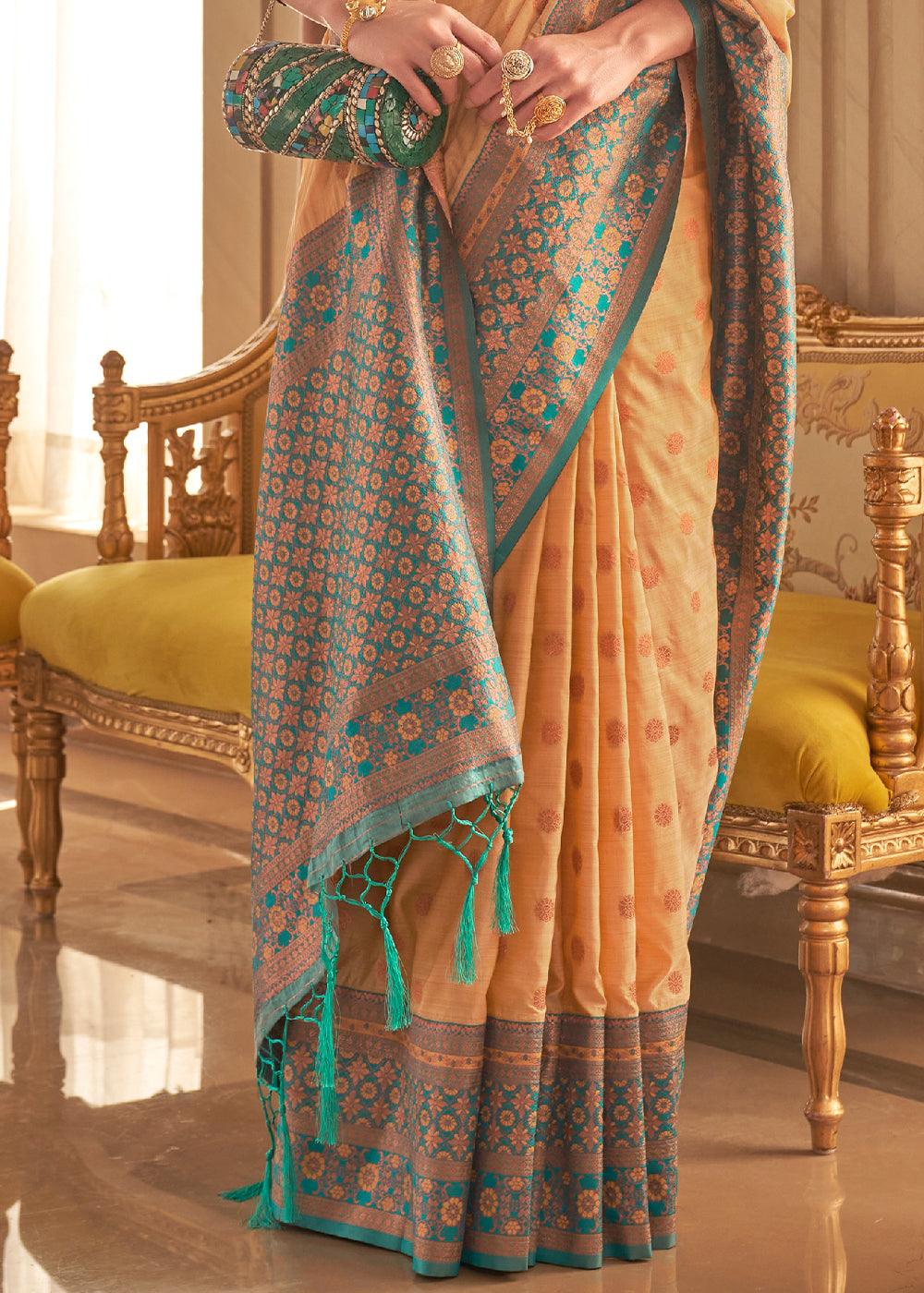 Crayola Yellow Bamboo Copper Zari Handloom Woven Silk Saree - qivii