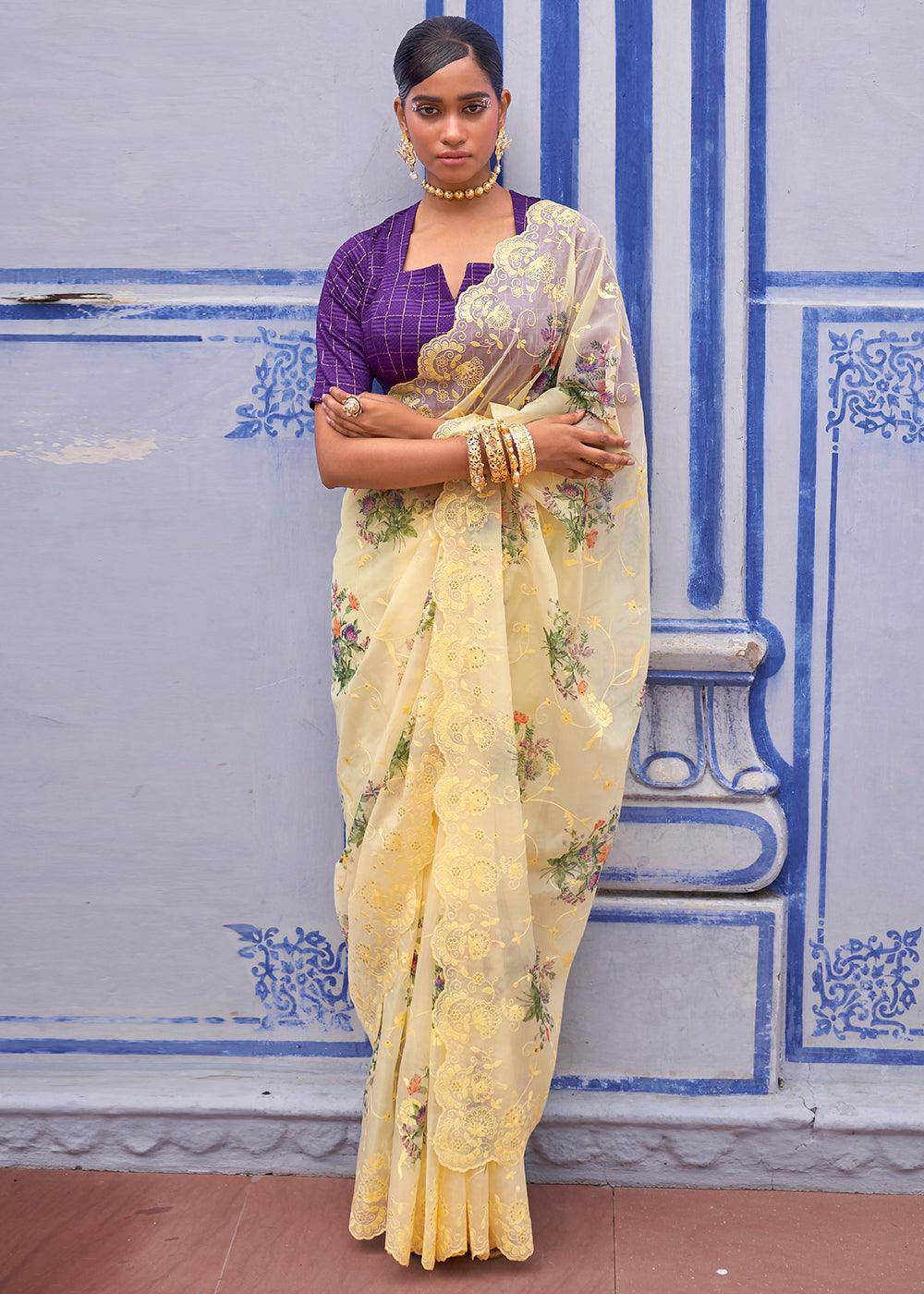 Crayola Yellow Digital Print Tissue Silk Saree with Embroidery Thread work | Stitched Blouse - qivii