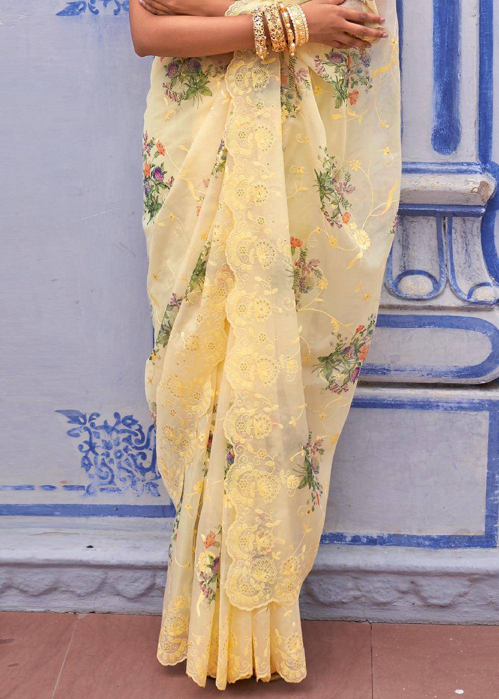 Crayola Yellow Digital Print Tissue Silk Saree with Embroidery Thread work | Stitched Blouse - qivii