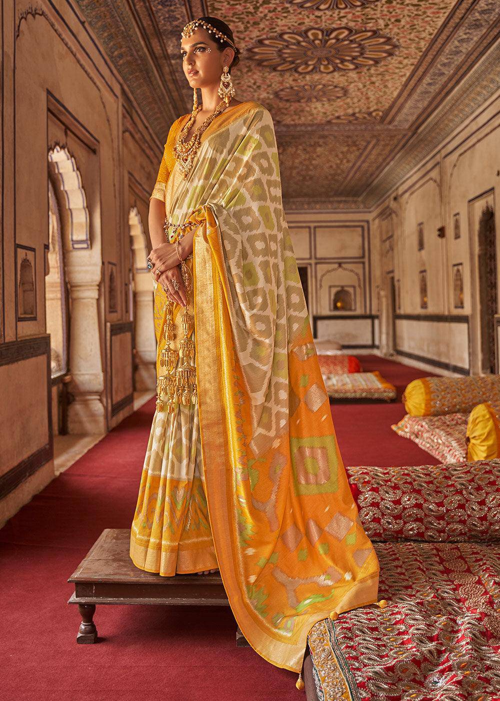 Cream & Yellow Printed Patola Dola Silk Saree with Zari Border | Stitched Blouse - qivii