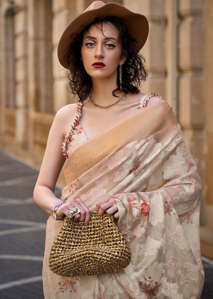 Cream Beige Printed Soft Silk Saree - qivii