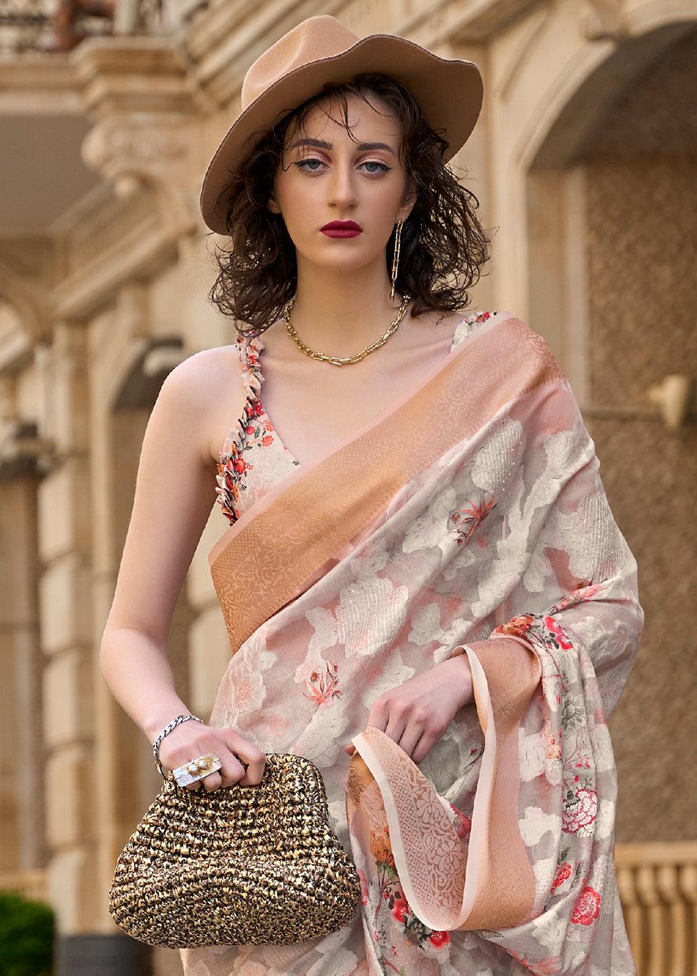 Cream Beige Printed Soft Silk Saree - qivii