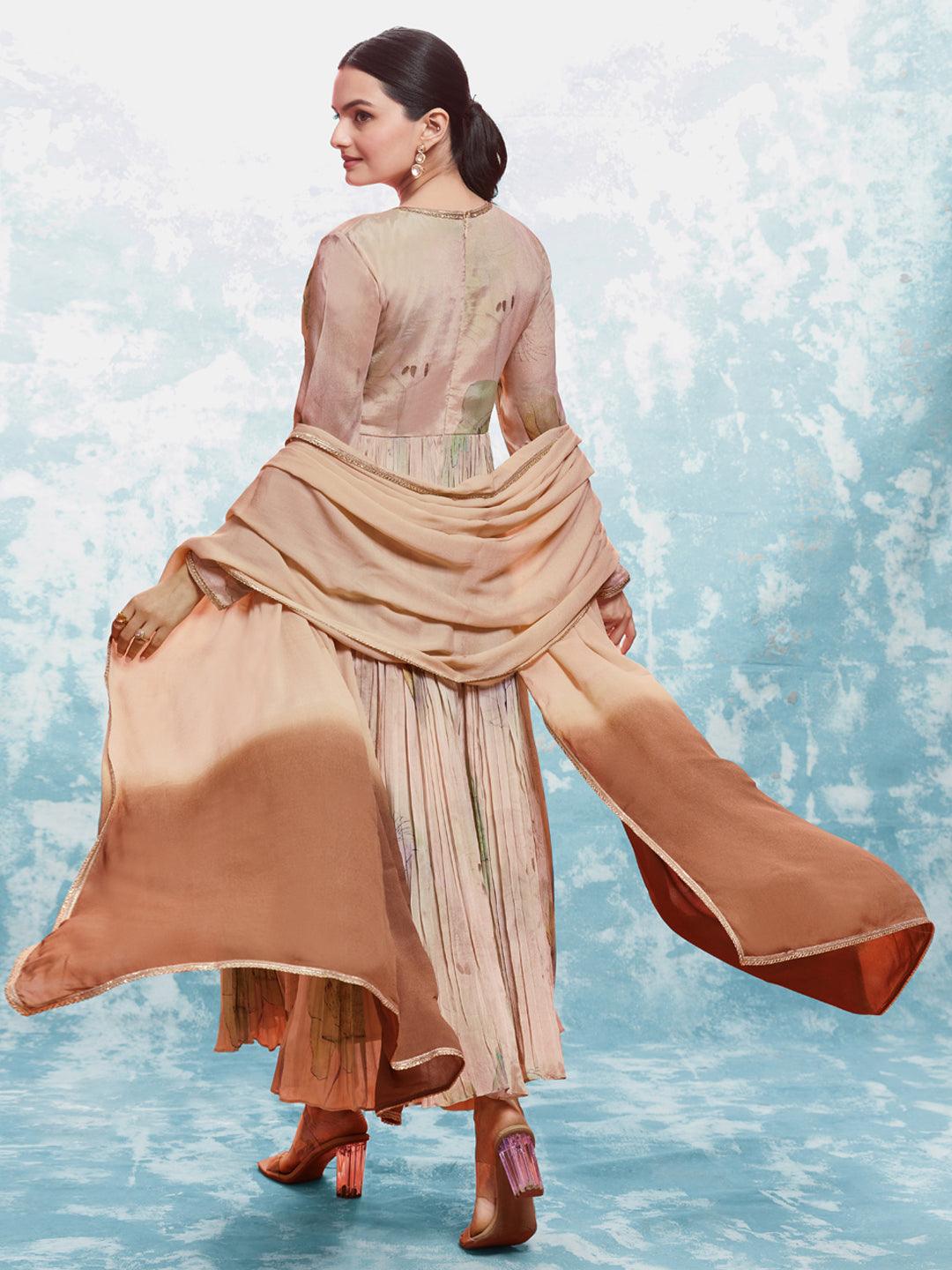 Gorgeous cream anarkali dress with flowing dupptta by Qivii