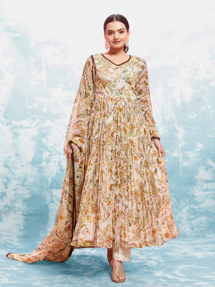 Cream color ready-to-wear Salwar Kameez with dupatta set by Qivii