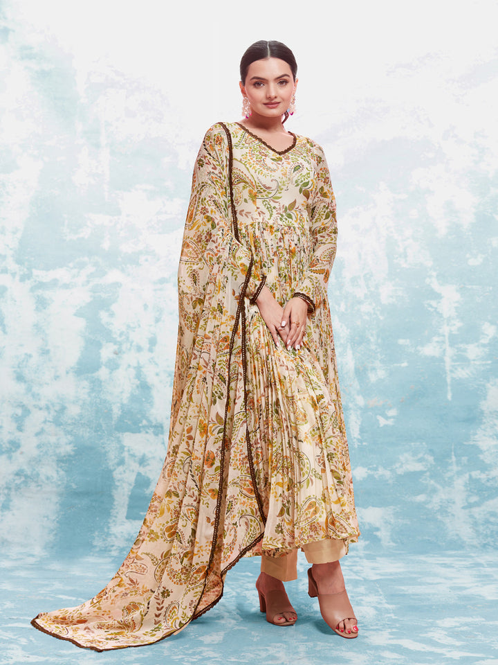 Cream color ready-to-wear Salwar Kameez with dupatta set by Qivii