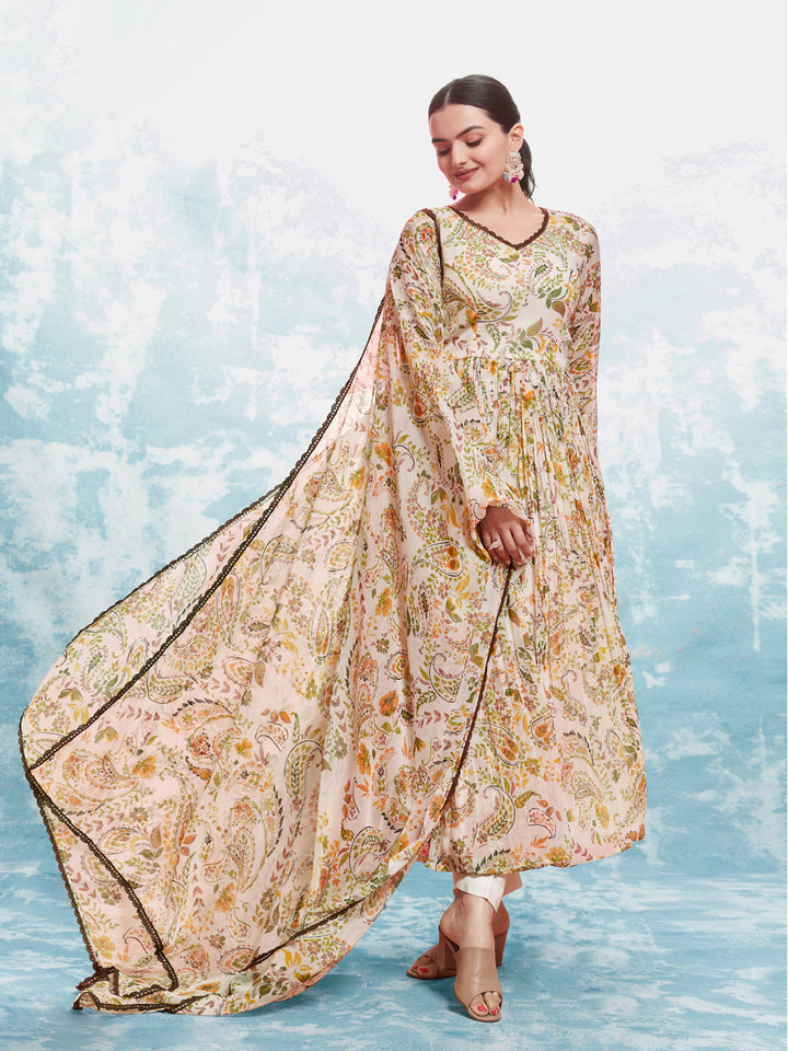 Cream color ready-to-wear Salwar Kameez with dupatta set by Qivii