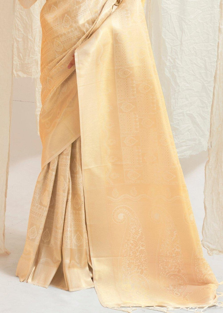 Cream White & Golden Blend Kanjivaram Silk Saree | Stitched Blouse - qivii