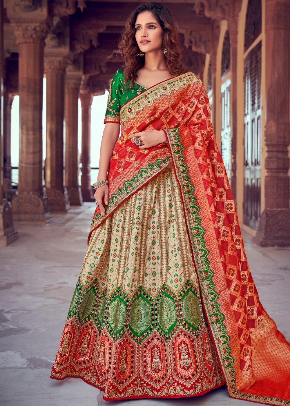 Cream White & Red Banarasi Silk Lehenga Choli with Khatli work Embroidery - qivii