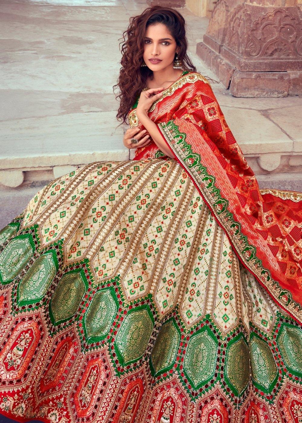 Cream White & Red Banarasi Silk Lehenga Choli with Khatli work Embroidery - qivii