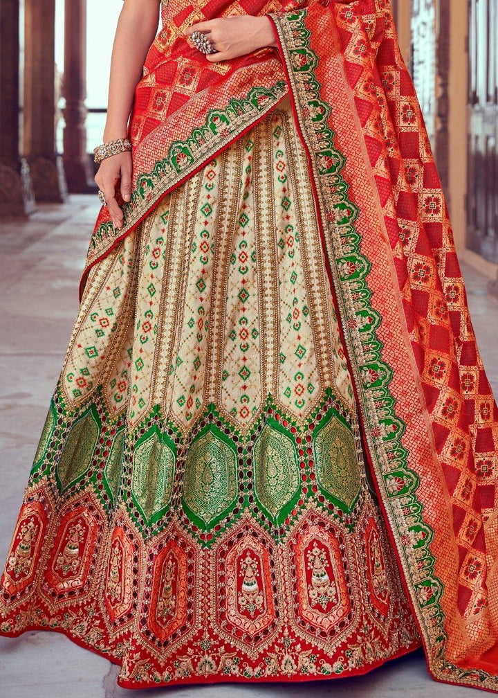 Cream White & Red Banarasi Silk Lehenga Choli with Khatli work Embroidery - qivii