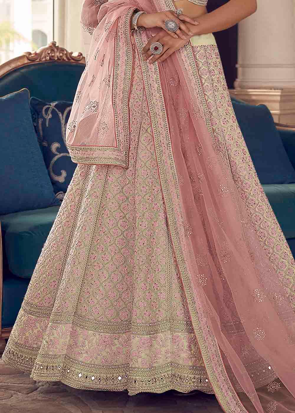 Cream White Art Silk Lehenga Choli with Zarkan & Thread work - qivii