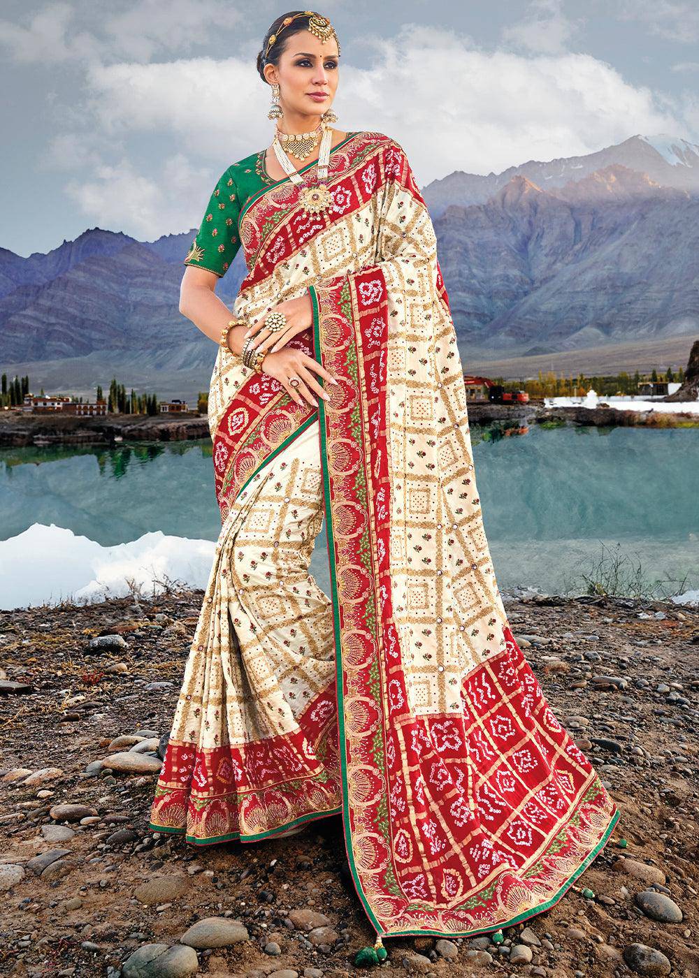 Cream White Bandhej Satin Silk Saree with Mirror,Moti & Cut-Dana Work | Stitched Blouse - qivii