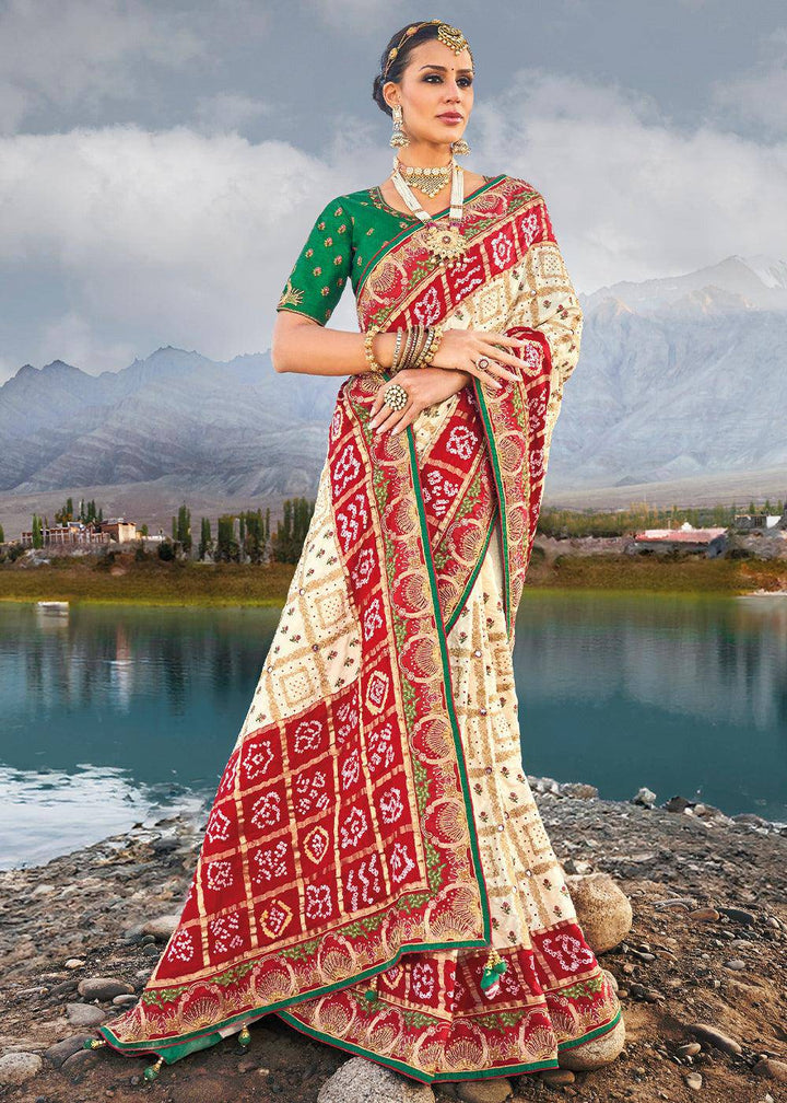 Cream White Bandhej Satin Silk Saree with Mirror,Moti & Cut-Dana Work | Stitched Blouse - qivii