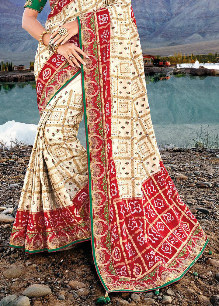 Cream White Bandhej Satin Silk Saree with Mirror,Moti & Cut-Dana Work | Stitched Blouse - qivii