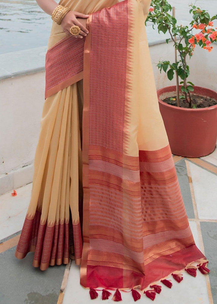 Cream White South Silk Saree with Tassels on Pallu | Stitched Blouse - qivii