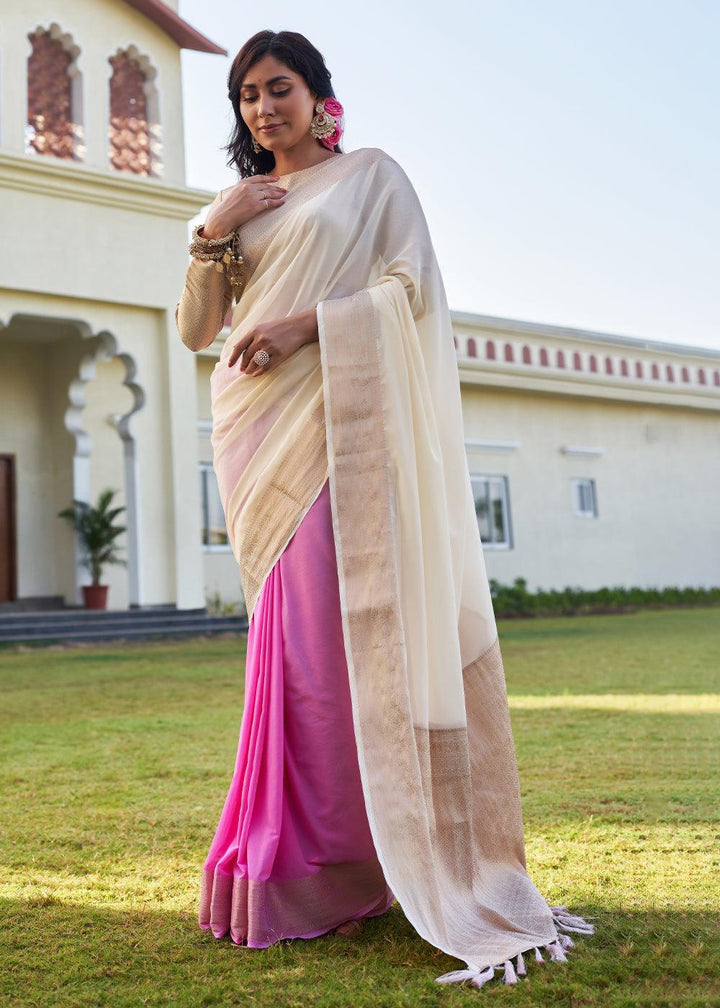 Cream White Woven Georgette Saree - qivii