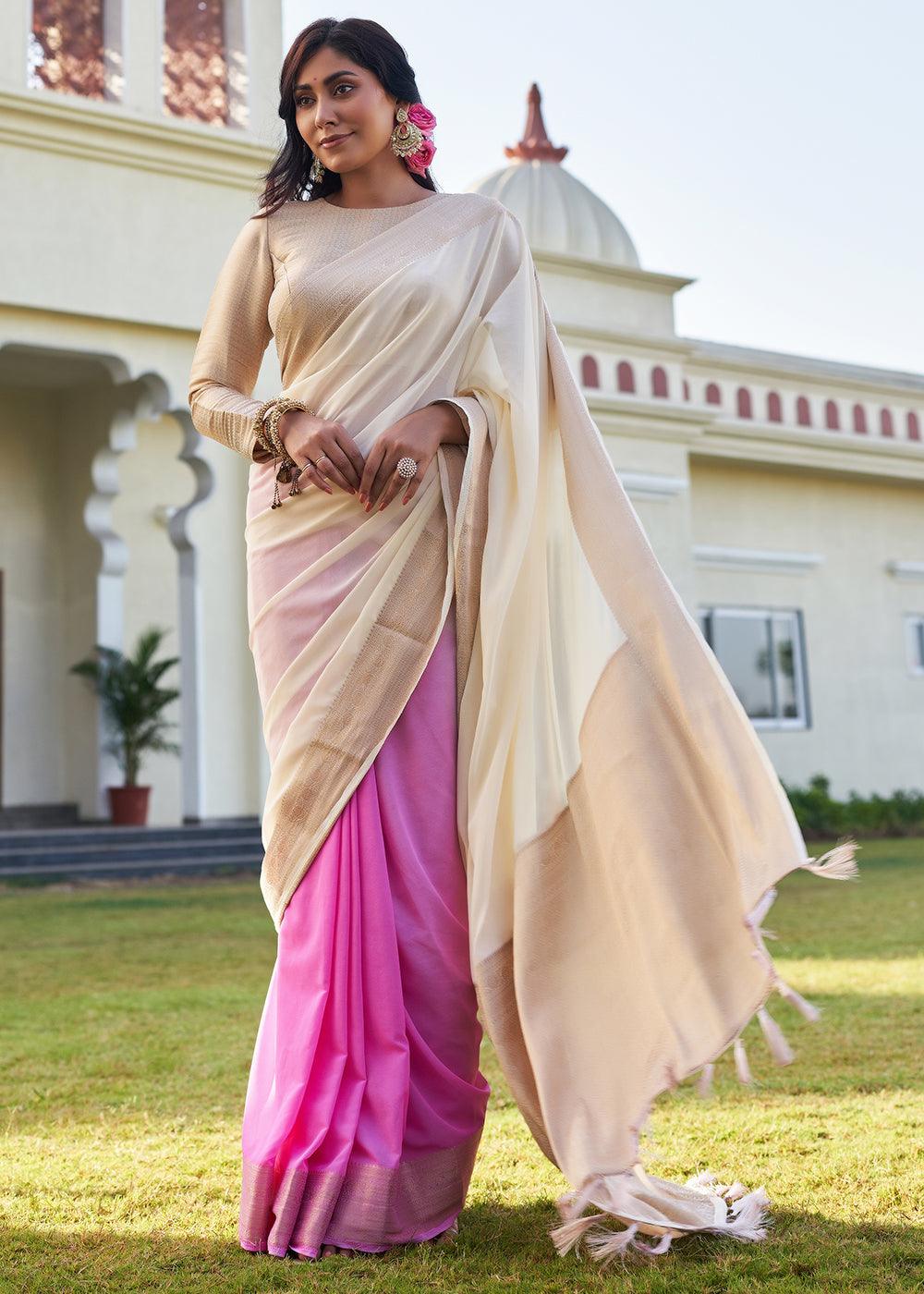 Cream White Woven Georgette Saree - qivii