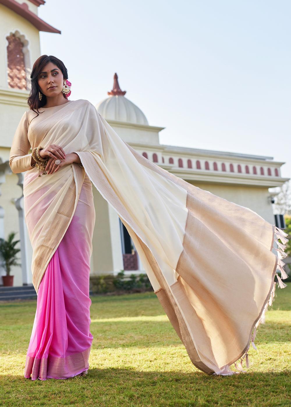 Cream White Woven Georgette Saree - qivii