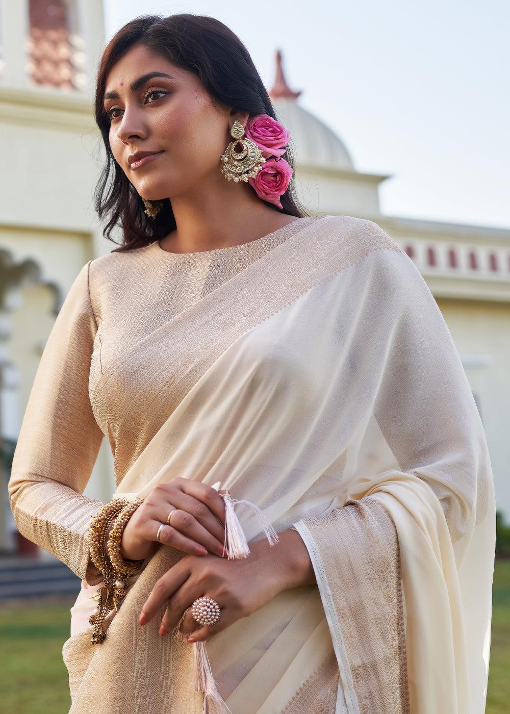 Cream White Woven Georgette Saree - qivii