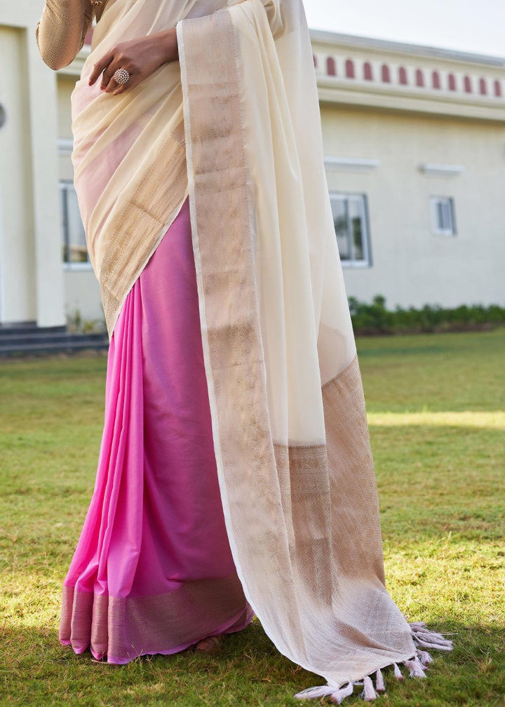 Cream White Woven Georgette Saree - qivii