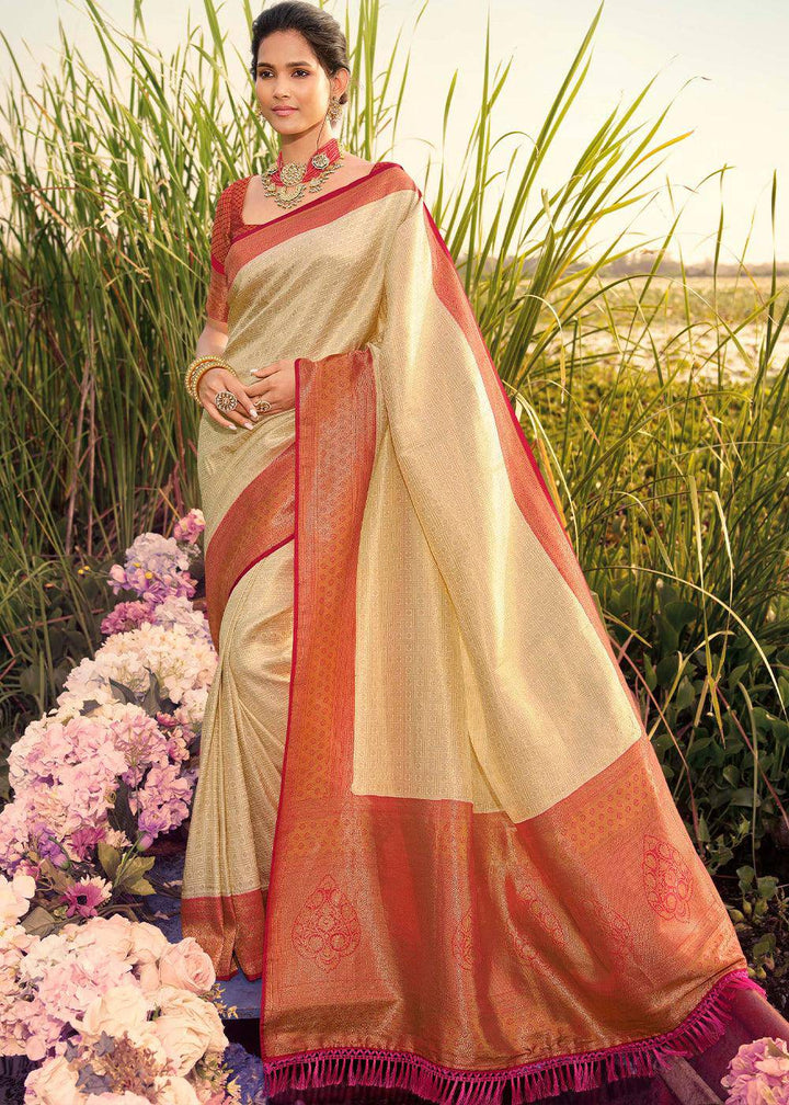 Cream White Woven Kanjivaram Silk Saree With Contrast Border & Pallu | Stitched Blouse - qivii