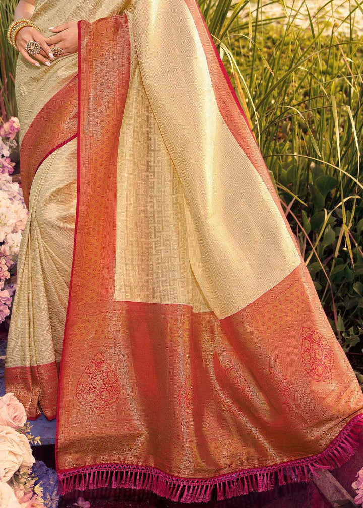 Cream White Woven Kanjivaram Silk Saree With Contrast Border & Pallu | Stitched Blouse - qivii