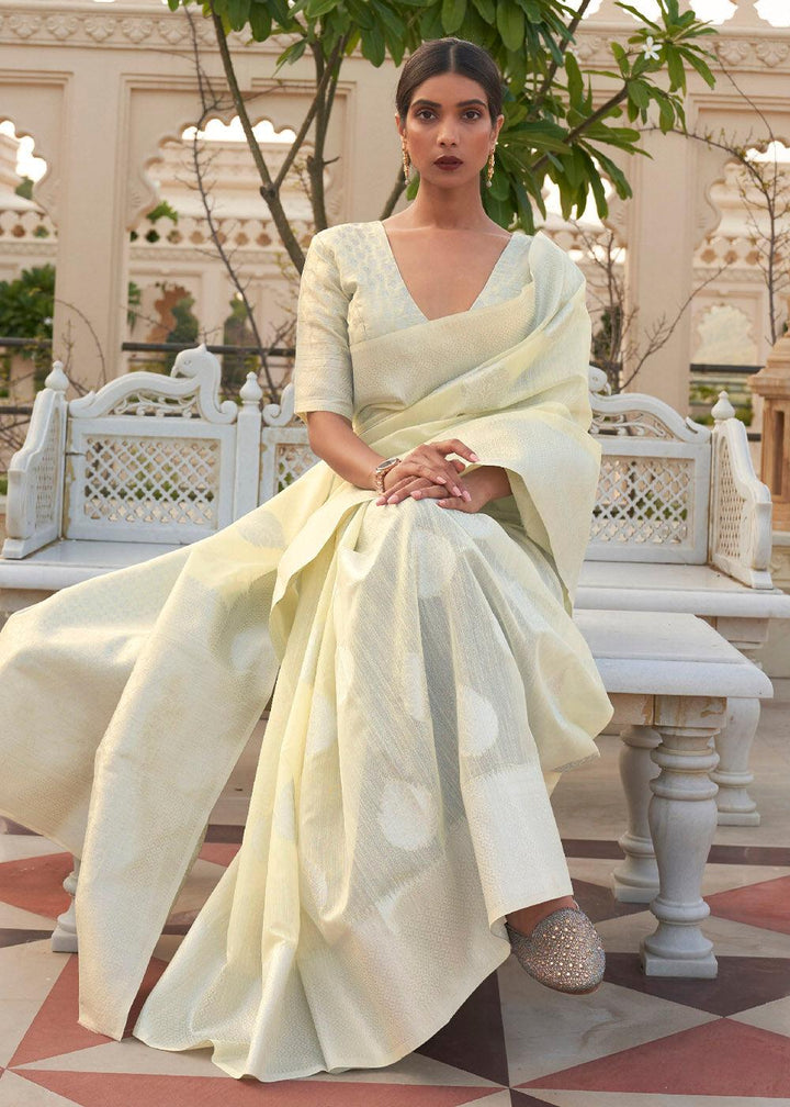 Cream White Woven Linen Silk Saree | Stitched Blouse - qivii