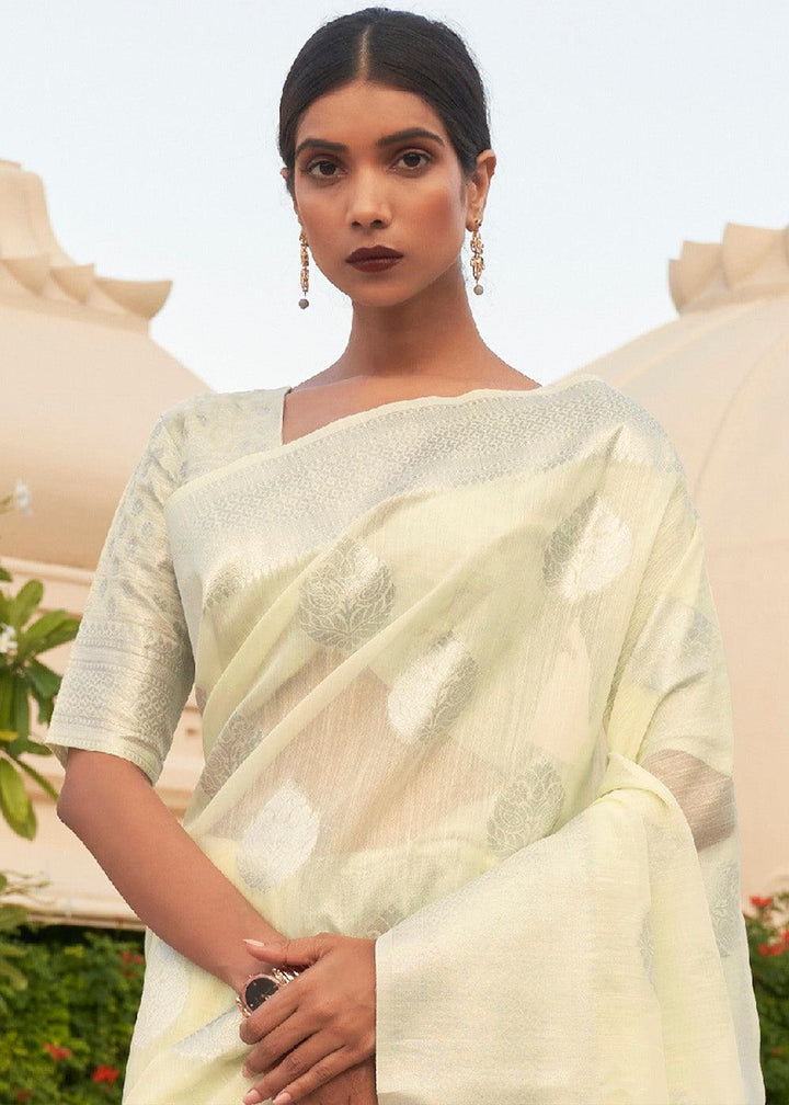 Cream White Woven Linen Silk Saree | Stitched Blouse - qivii