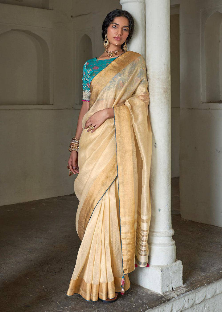 Cream Yellow Soft Tissue Organza Silk Saree with Brocade Blouse | Stitched Blouse - qivii