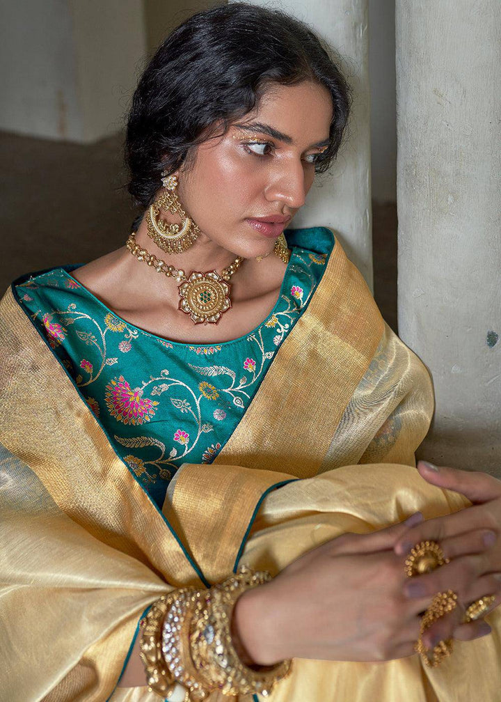 Cream Yellow Soft Tissue Organza Silk Saree with Brocade Blouse | Stitched Blouse - qivii