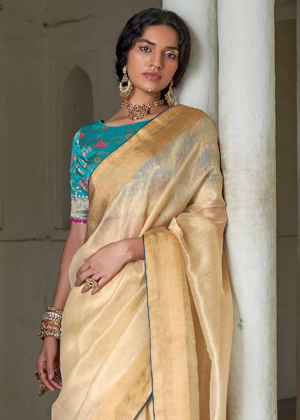 Cream Yellow Soft Tissue Organza Silk Saree with Brocade Blouse | Stitched Blouse - qivii