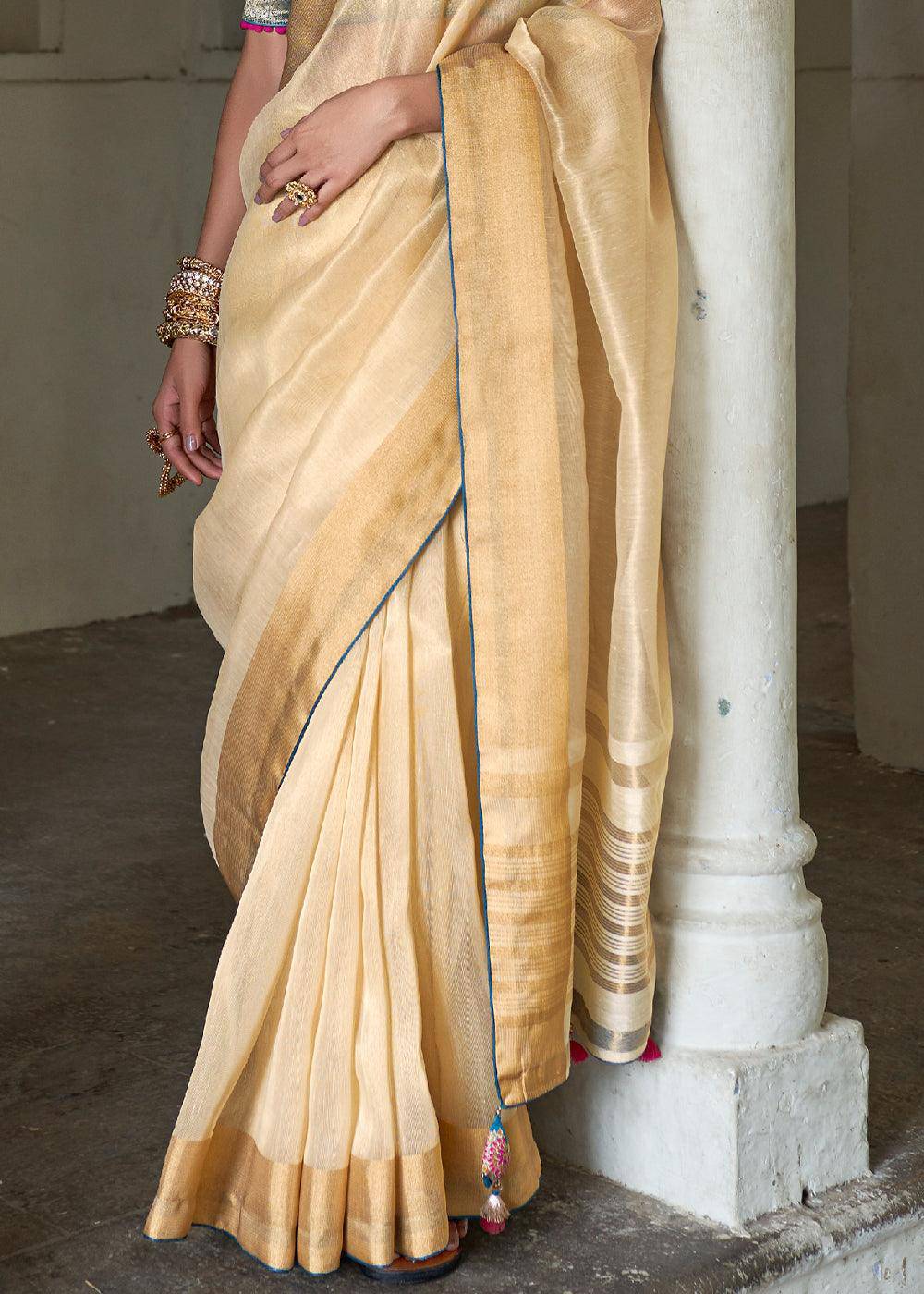 Cream Yellow Soft Tissue Organza Silk Saree with Brocade Blouse | Stitched Blouse - qivii