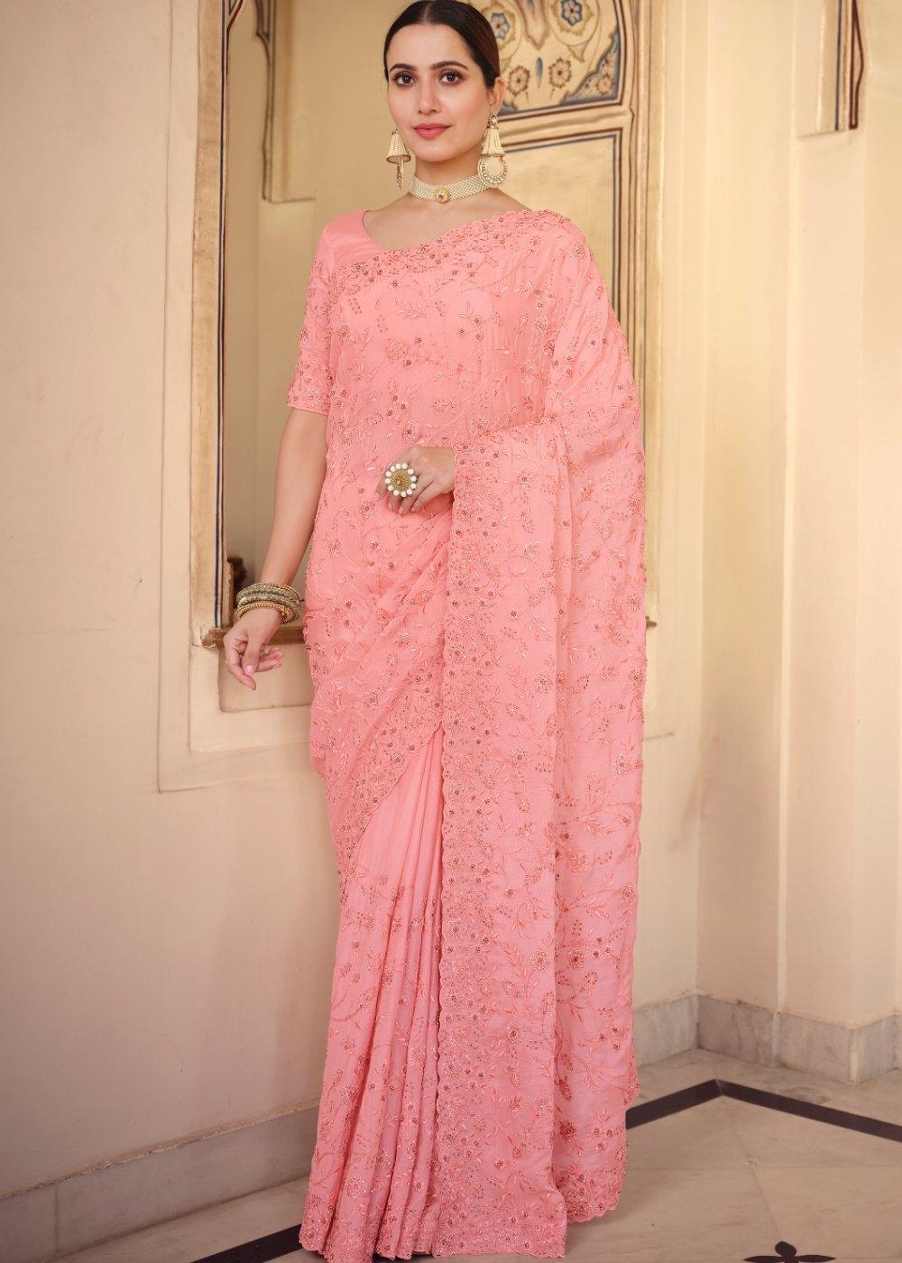 Creamy Pink Designer Chiffon Saree with Dori & Sequins work | Stitched Blouse - qivii