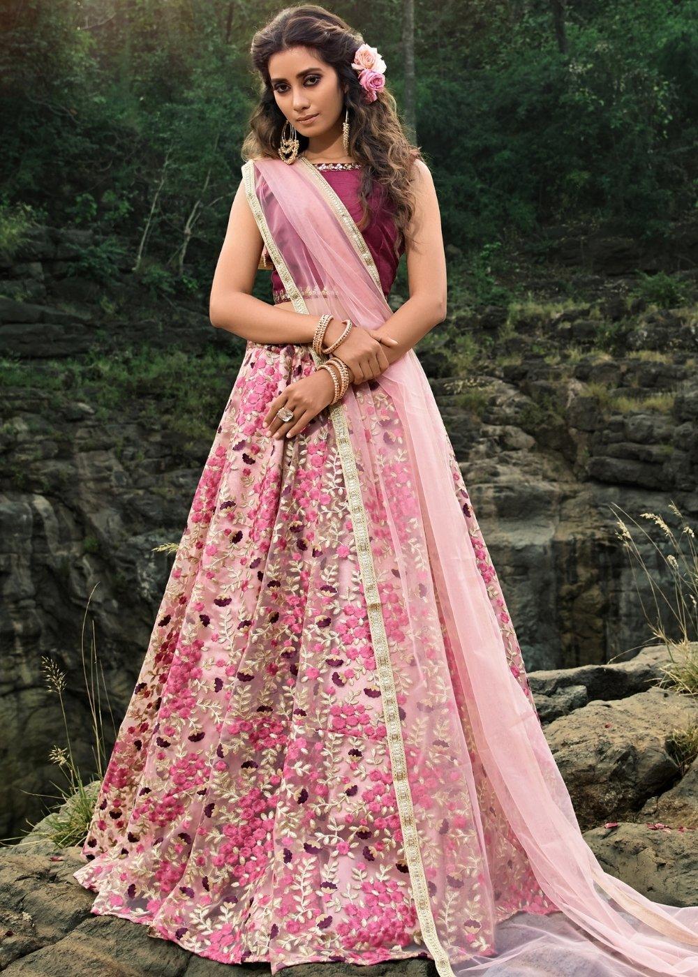 Creamy Pink Designer Soft Net Lehenga Choli with Thread & Zari work(Pre-Order) - qivii