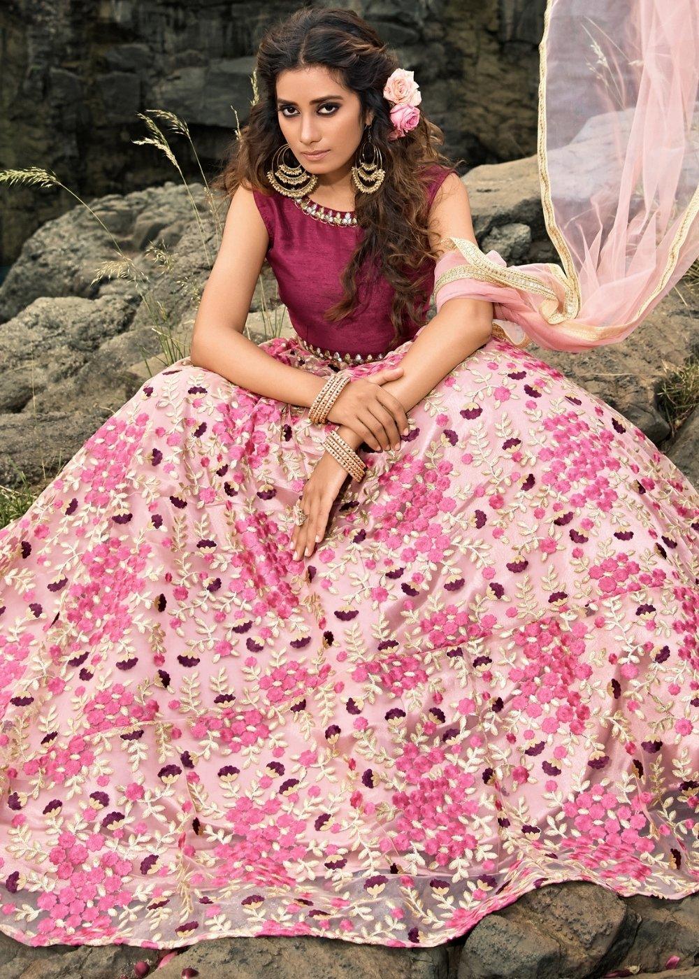 Creamy Pink Designer Soft Net Lehenga Choli with Thread & Zari work(Pre-Order) - qivii