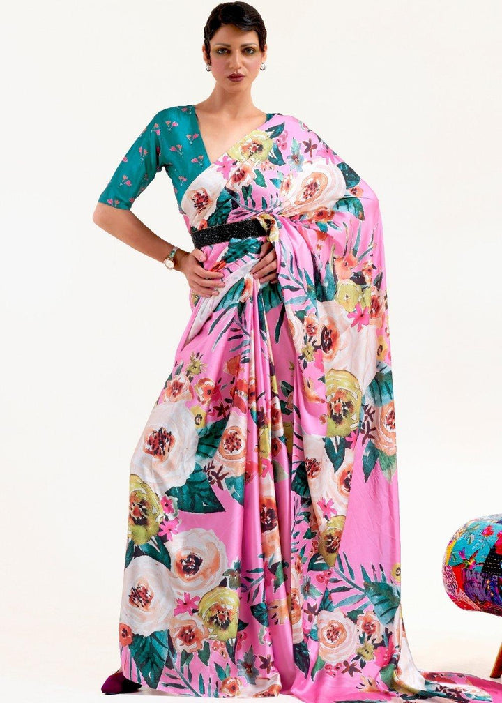 Creamy Pink Digital Printed Satin Crepe Saree - qivii