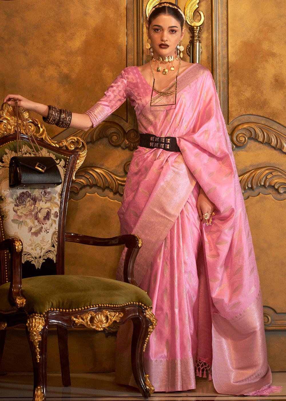 Creamy Pink Handloom Woven Satin Silk Saree - qivii