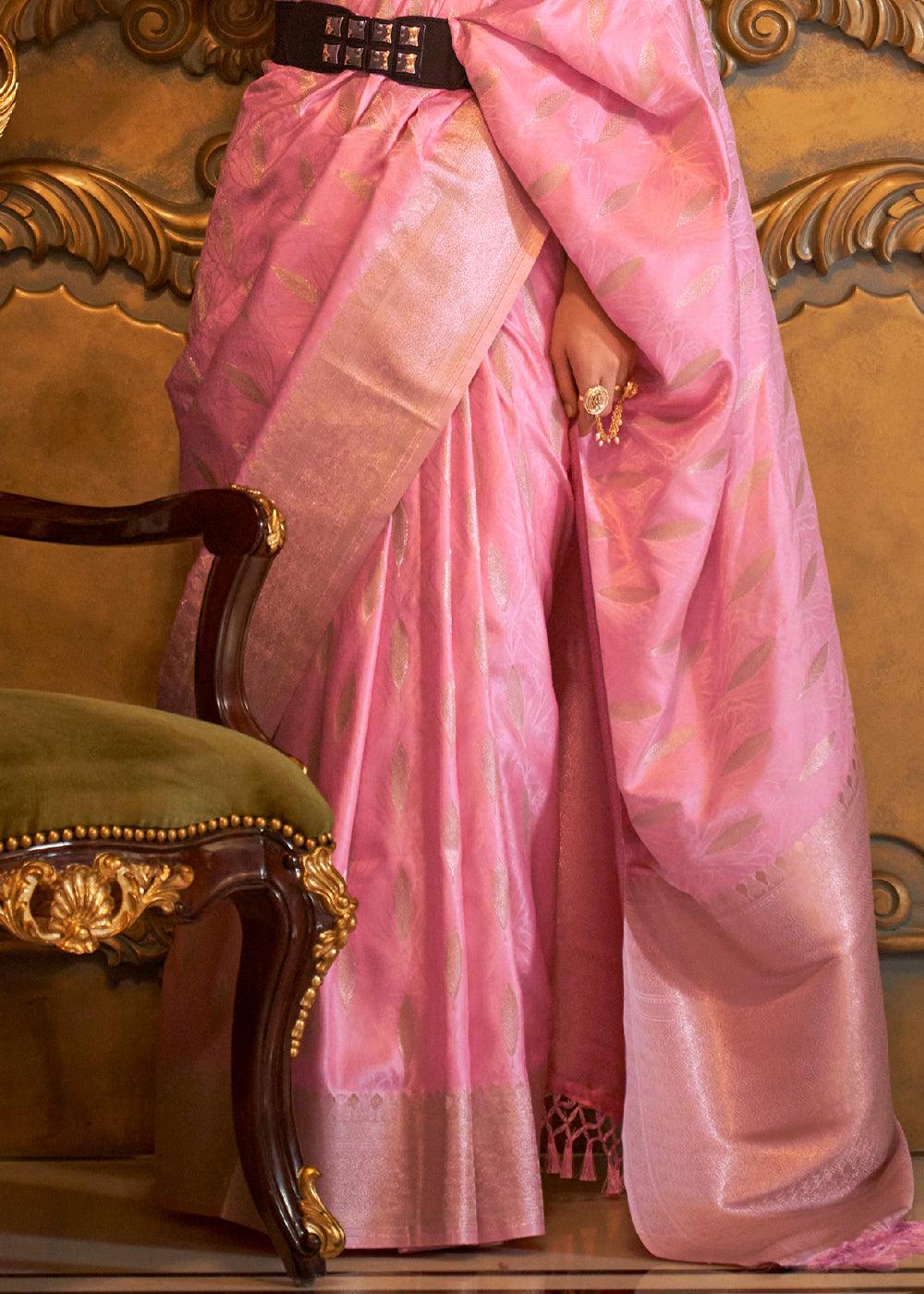 Creamy Pink Handloom Woven Satin Silk Saree - qivii