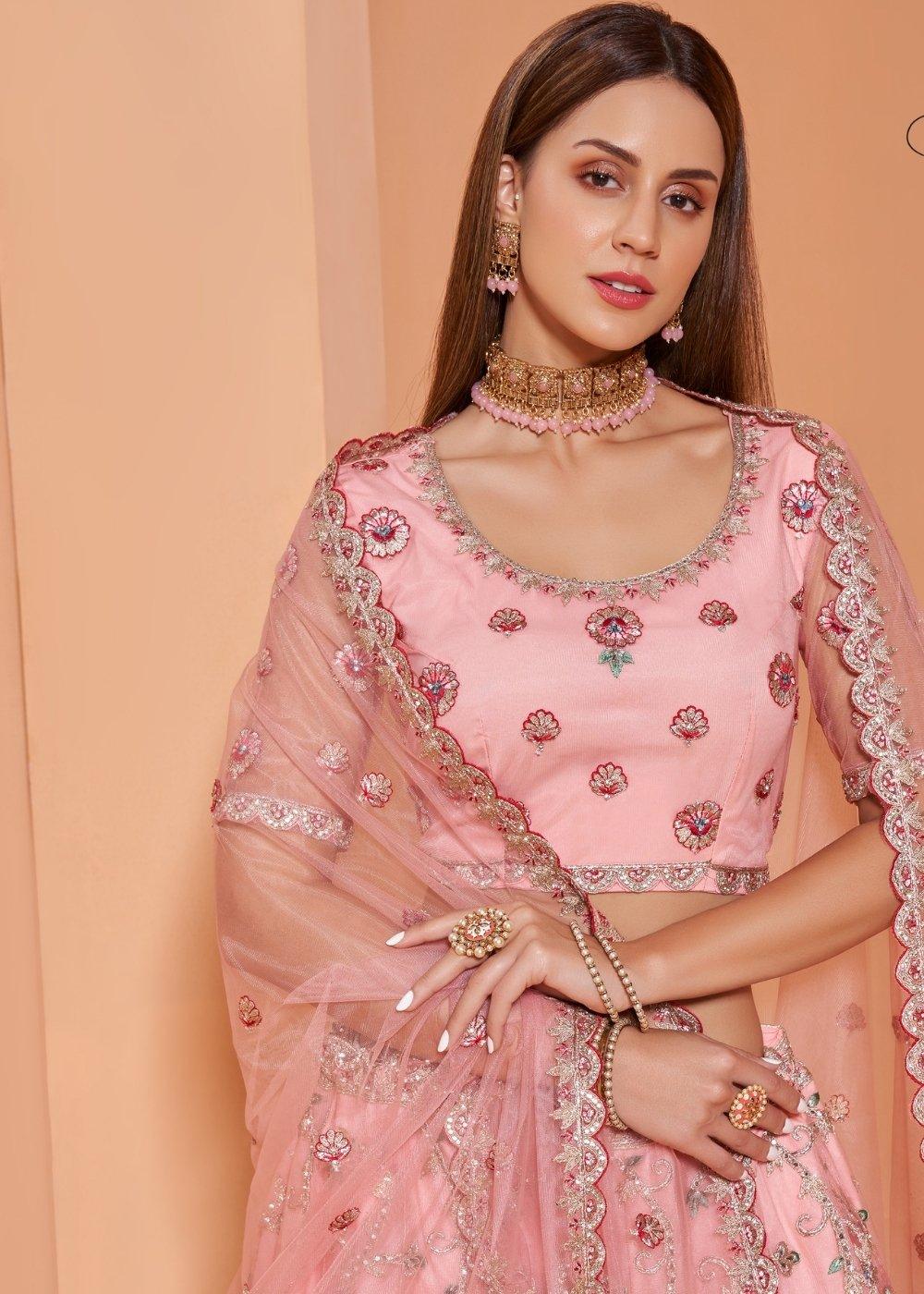 Creamy Pink Net Lehenga Choli with Cording,Thread Embroidery, Zarkan & Badla work - qivii