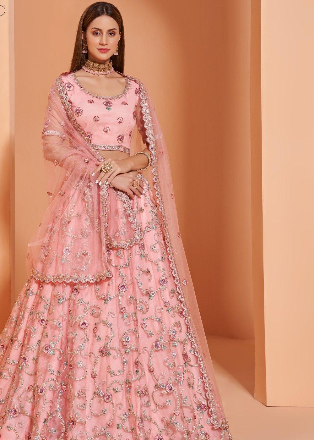 Creamy Pink Net Lehenga Choli with Cording,Thread Embroidery, Zarkan & Badla work - qivii