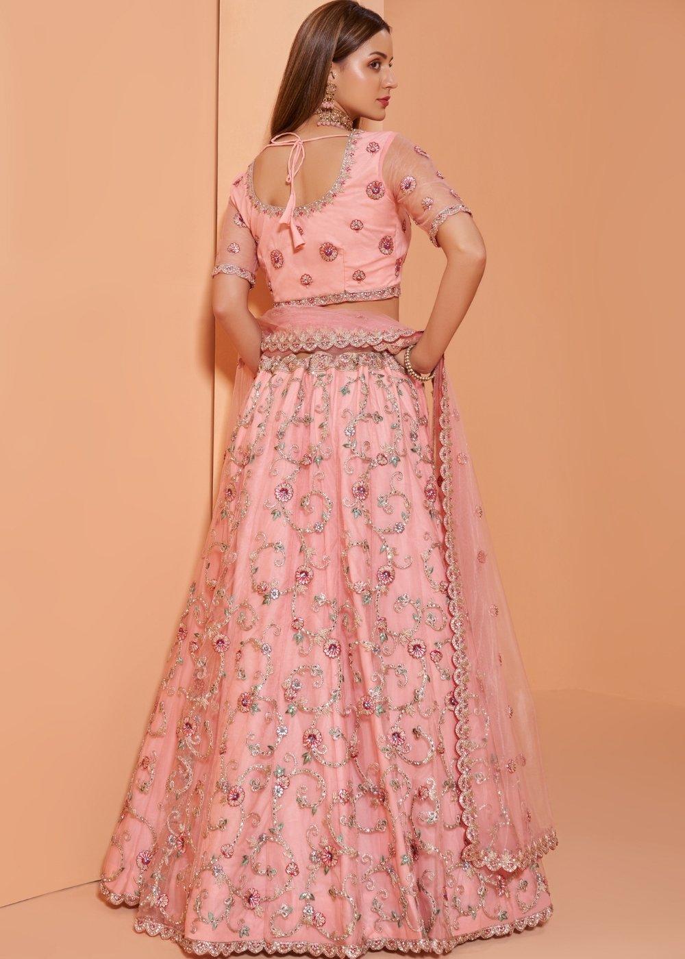 Creamy Pink Net Lehenga Choli with Cording,Thread Embroidery, Zarkan & Badla work - qivii