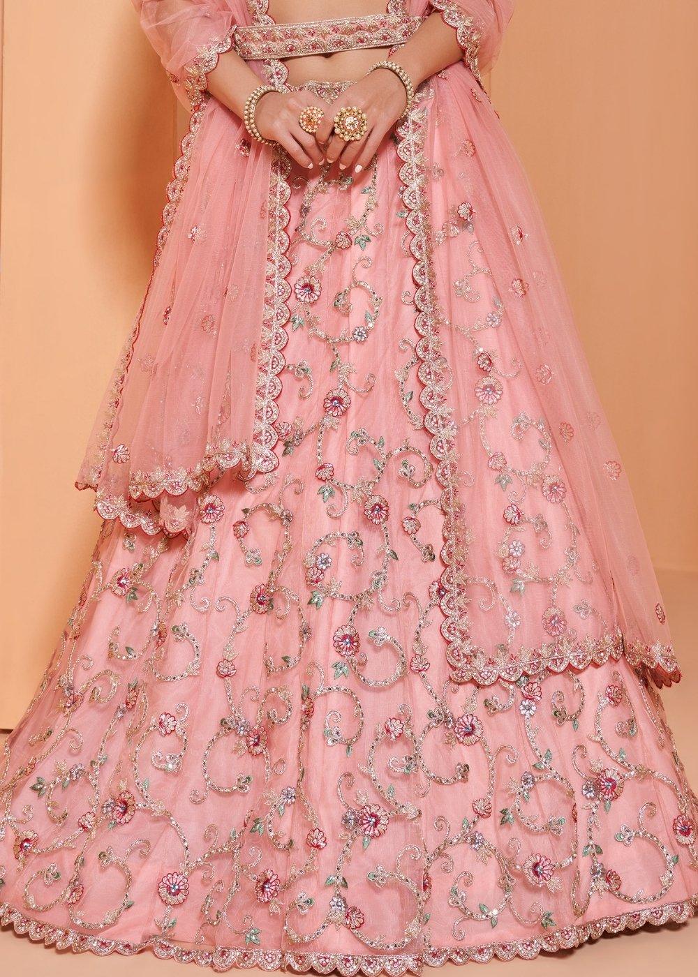 Creamy Pink Net Lehenga Choli with Cording,Thread Embroidery, Zarkan & Badla work - qivii