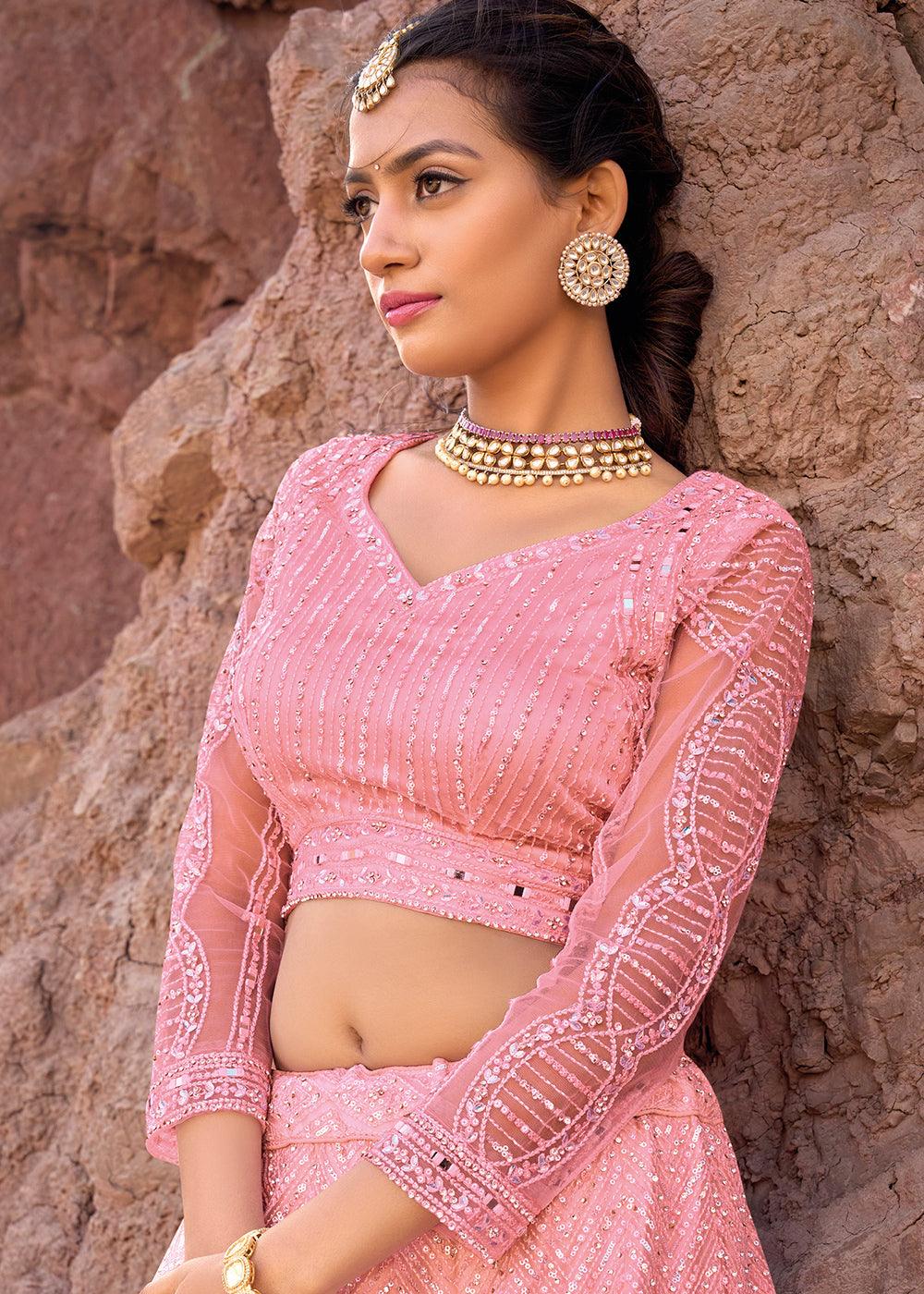 Creamy Pink Net lehenga Choli with Mirror,Zarkan & Cutwork - qivii