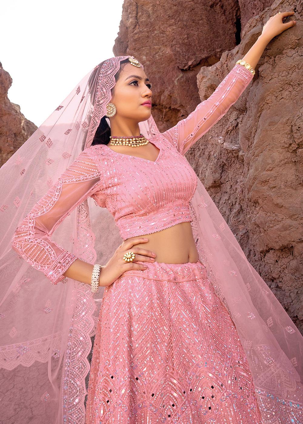 Creamy Pink Net lehenga Choli with Mirror,Zarkan & Cutwork - qivii