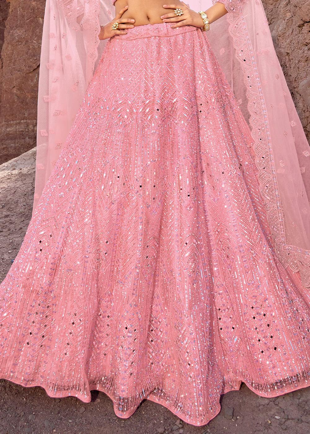 Creamy Pink Net lehenga Choli with Mirror,Zarkan & Cutwork - qivii