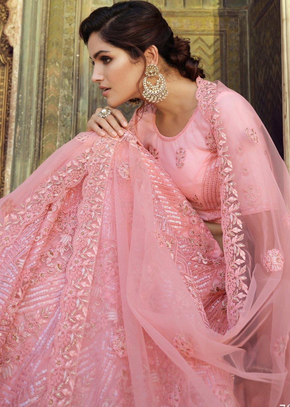 Creamy Pink Soft Net Lehenga Choli with Sequins, Thread, Zari & Dori work - qivii