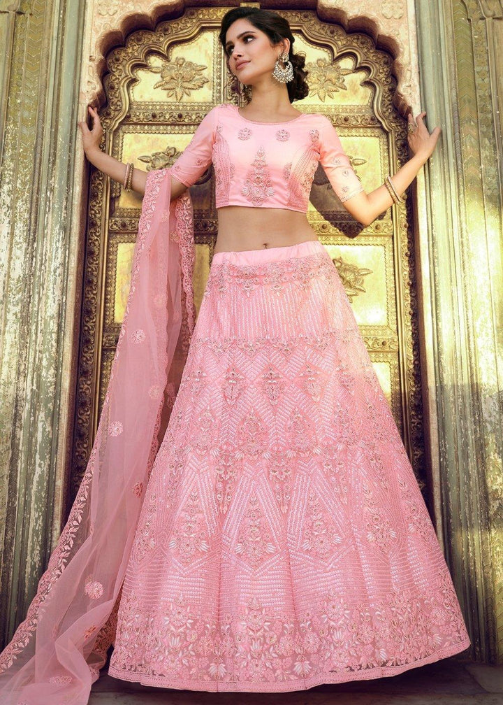 Creamy Pink Soft Net Lehenga Choli with Sequins, Thread, Zari & Dori work - qivii